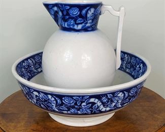 Blue And White Stoneware Wash Basin With Pitcher
