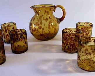 Brown Glass Tortoiseshell Pitcher And Glasses