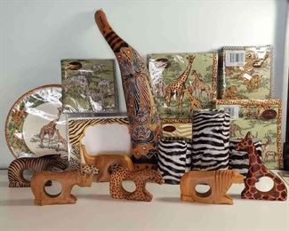 Carved Rain Stick And Safari Animal Themed Table Decor