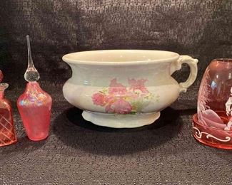 Dresden Wash Basin, Fenton Fairy Lamp, Vintage Perfume Bottles