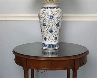 Oval Side Table With Glass Top with Blue And White Ceramic Lamp
