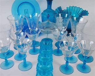 Vintage Etched Clear And Blue Tableware
