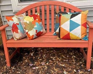 Wood Bench And Throw Pillows