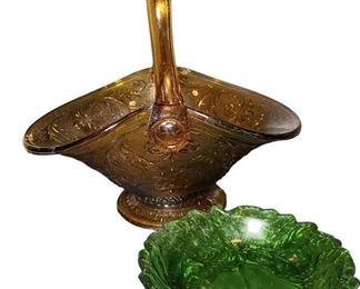 Tiara Amber Basket Green Candy Dish