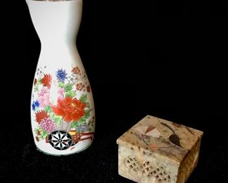 Sake Bottle and Small Carved Trinket Box 