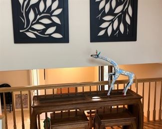 Thomasville Asian Console Table w/ 2 Stools, Metal  Wall Hangings