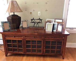 Media Cabinet, Lamp, Picture Frames