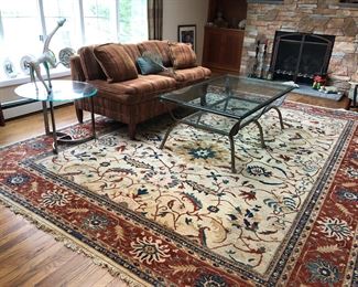Large Oriental Carpet,  Mid Century Modern Love Seat, Glass Top Coffee Table, Chrome & Glass Side Table