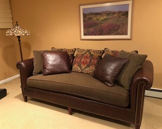 Stickley Maitland Leather Sofa / Upholstered Cushion / Nailhead Trim, Sea Shell Floor Lamp, Picture