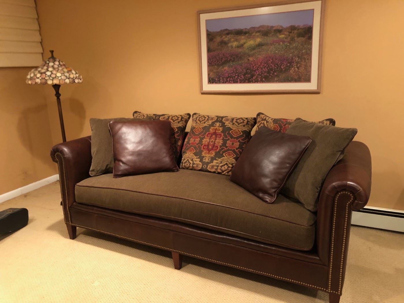 Stickley Maitland Leather Sofa / Upholstered Cushion / Nailhead Trim, Sea Shell Floor Lamp, Picture