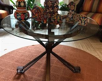 Roung Glass Top Table w/ Iron Base, Vintage Huichol Beaded Eagle, Snake, Bunny, Jaguar & More!