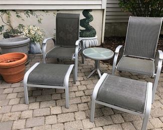 Outdoor Patio Adjustable Back Chairs & Ottomans, Table, Pots
