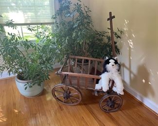 ANTIQUE  PRIMITIVE WHEEL BAROW CART AND STEIFF STUFFED DOGGIE, WE HAVE A HUGE COLLECTION OF STEIFF