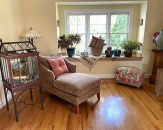 SMALL GREENHOUSE, UPHOLSTERED CHAISE, PLANTS, KILM BENCH AND DECORATIVES