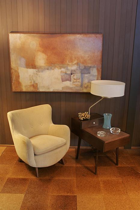 Stylish Ico Parisi Italian inspired small club chair in good quality chenille hopsack / George Nelson for Herman Miller lamp table / Paul Sarkisian (1928 -) ‘Mood’, 1954 painting (35” x 56”)