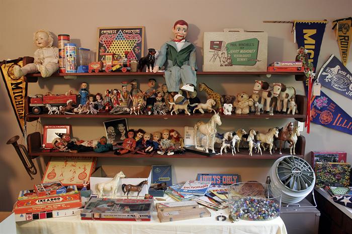 Decades-long accumulation of toys, games, and dolls, as well as a collection of school pennants, patches and pin backs - many wonderful vintage finds here!