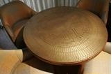 Unusual 39” round Italian walnut game table with etched bronze top, along with four corresponding upholstered chairs