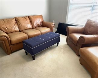 3 SEAT LEATHER SOFA, CHAIR AND OTTOMAN