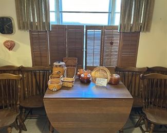 Maple Drop Leaf Table w/leaves & 6 Chairs                                  Longaberger Baskets                                                                      Federal Normandie Marigold Carnival Glass