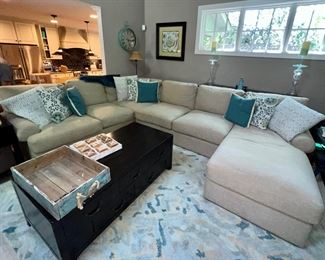 Bassett furniture sectional; pillows; Pottery Barn coffee table; pillows; various decor