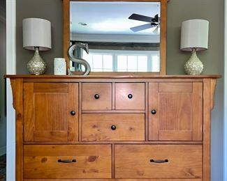 Pine dresser and mirror; lamps; decor
