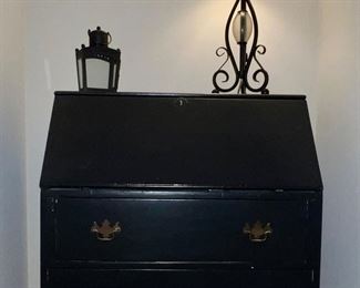 Vintage painted front drop secretary; lamp; lantern