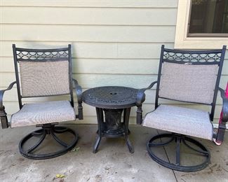 Garden Treasures swivel armchairs with side table