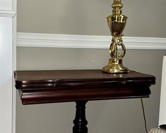 Vintage gaming table; brass lamp