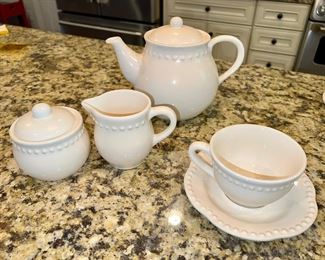 Pottery Barn tea pot, creamer, sugar & cup w/saucer
