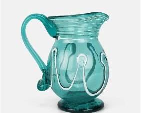 GV Hand Blown Aquamarine Glass Lily Pad Foot Threaded Water Pitcher NJ Style
