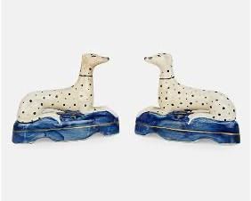 Pair Antique Blue and White Staffordshire Dog Figurines Dalmatians
