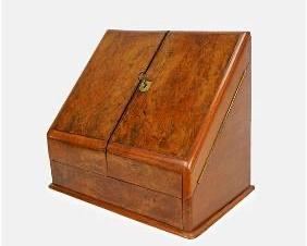Antique 19thC Victorian Burl Wood Two-Door Slanted Stationary Box
