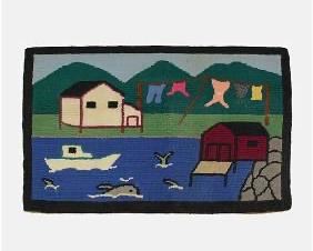 Vintage Pictorial Folk Art Hooked Rug Grenfell Style Mat
