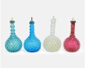 Four Antique Hobnail Colored Glass Barber Bottles w/Tops

