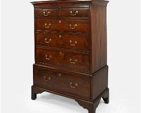 Antique 19thC Mahogany Two-Piece Tall Dresser w/Six Graduated Drawers
