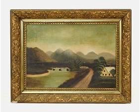 Antique Oil on Canvas Landscape Folk Art Painting
