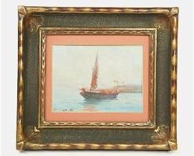 Original Signed Acrylic on Canvas Maritime Painting Sailboat in Harbor
