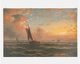 Jones, A. Antique Oil on Canvas Maritime Painting Sailing in the Evening 1900
