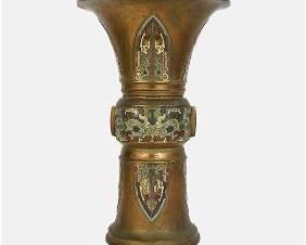 Signed Antique Chinese Cloisonne Bronze Gu Vase Champleve Enamel
