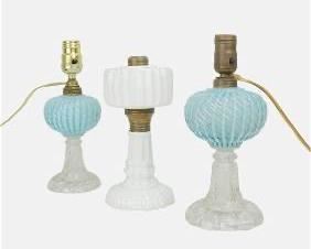 Pair Antique Blue Swirl Oil Lamps and Milk Glass Oil Lamp
