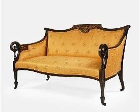 Antique American Federal Carved Mahogany Settee Sofa w/Fancy Hardwood Inlay
