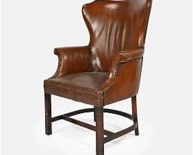 Vintage 1930s English Mahogany Leather Wing Back Armchair
