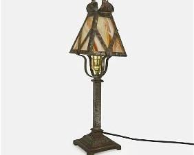 Antique Arts and Crafts Stained and Milk Glass Shade Desk Lamp
