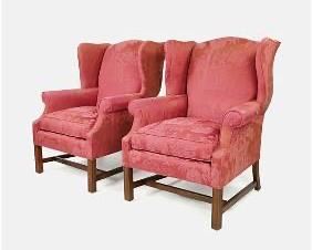 Pair of High Quality Drexel Wing Back Armchairs w/Silk Damask Chinoiserie Upholstery
