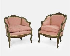 Fine Pair Carved French Louis XV Style Bergere Armchairs
