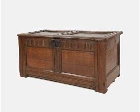 18thC English Carved Oak Wood Paneled Blanket Chest Trunk
