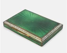 1920s Art Deco Guilloche Green Enamel Gilt Silver Calling Card Case
