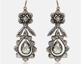 Antique Silver Tear-Drop Diamond Dangle Earrings
