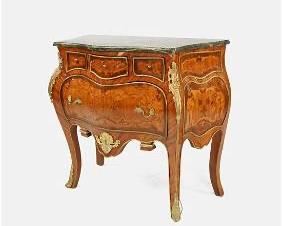 Good Louis XV Style Green Marble Bombe Ormolu Commode Marquetry Chest

