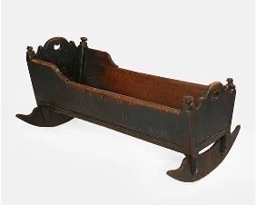 Antique American Pine Wood Baby Rocking Cradle w/Heart Cut-Outs
